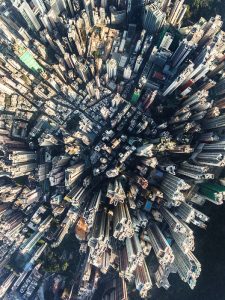 birds-eye view of sky scrapers in dense city