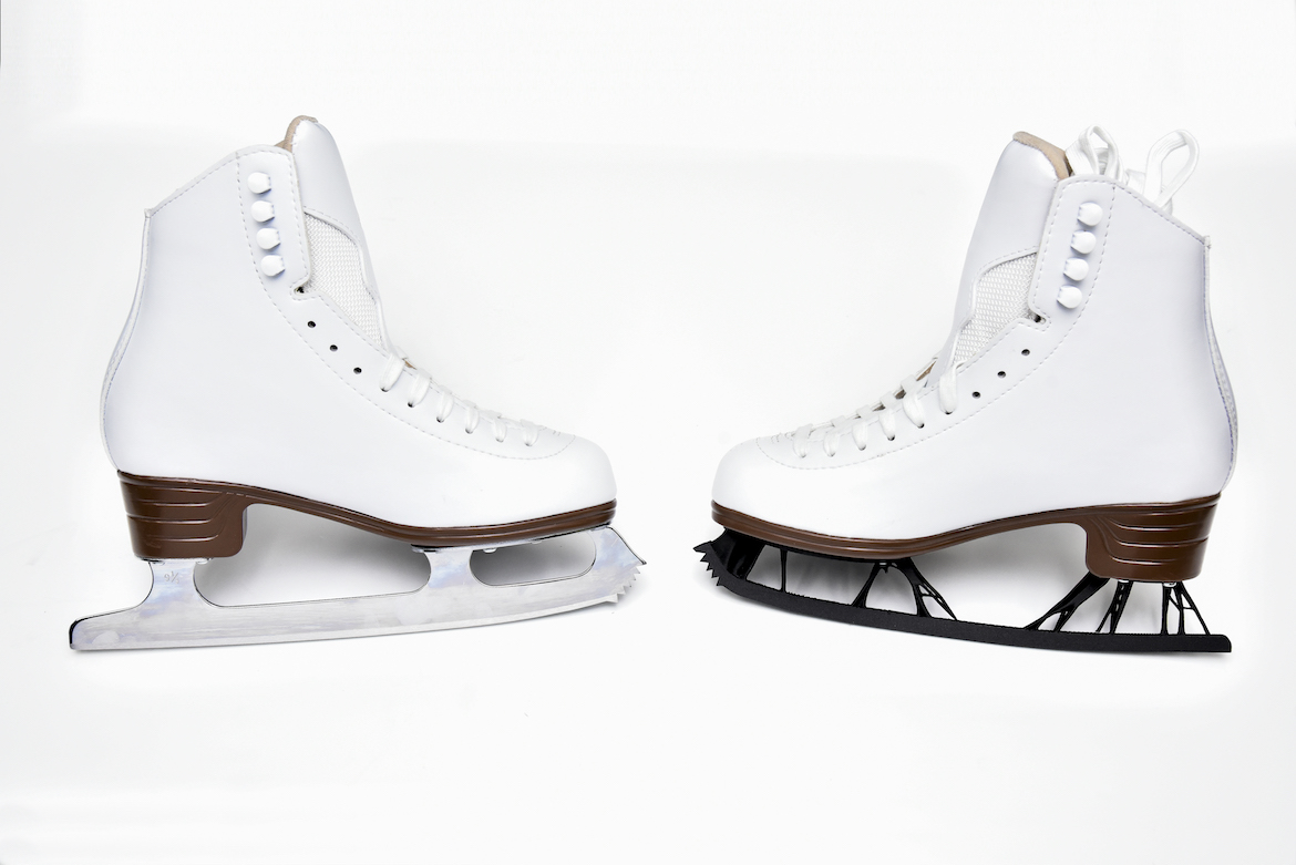 Regular figure skating blades on the left, skate blades with generative design applied on the right