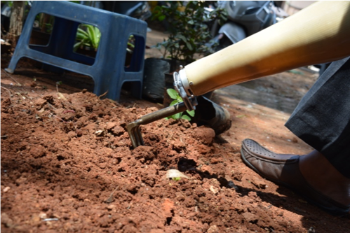 A person with a prosthetic arm wearing the avocado connector with a rake attachment