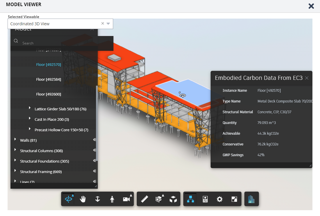 A screenshot of software showing counts of embodied carbon in a BIM model