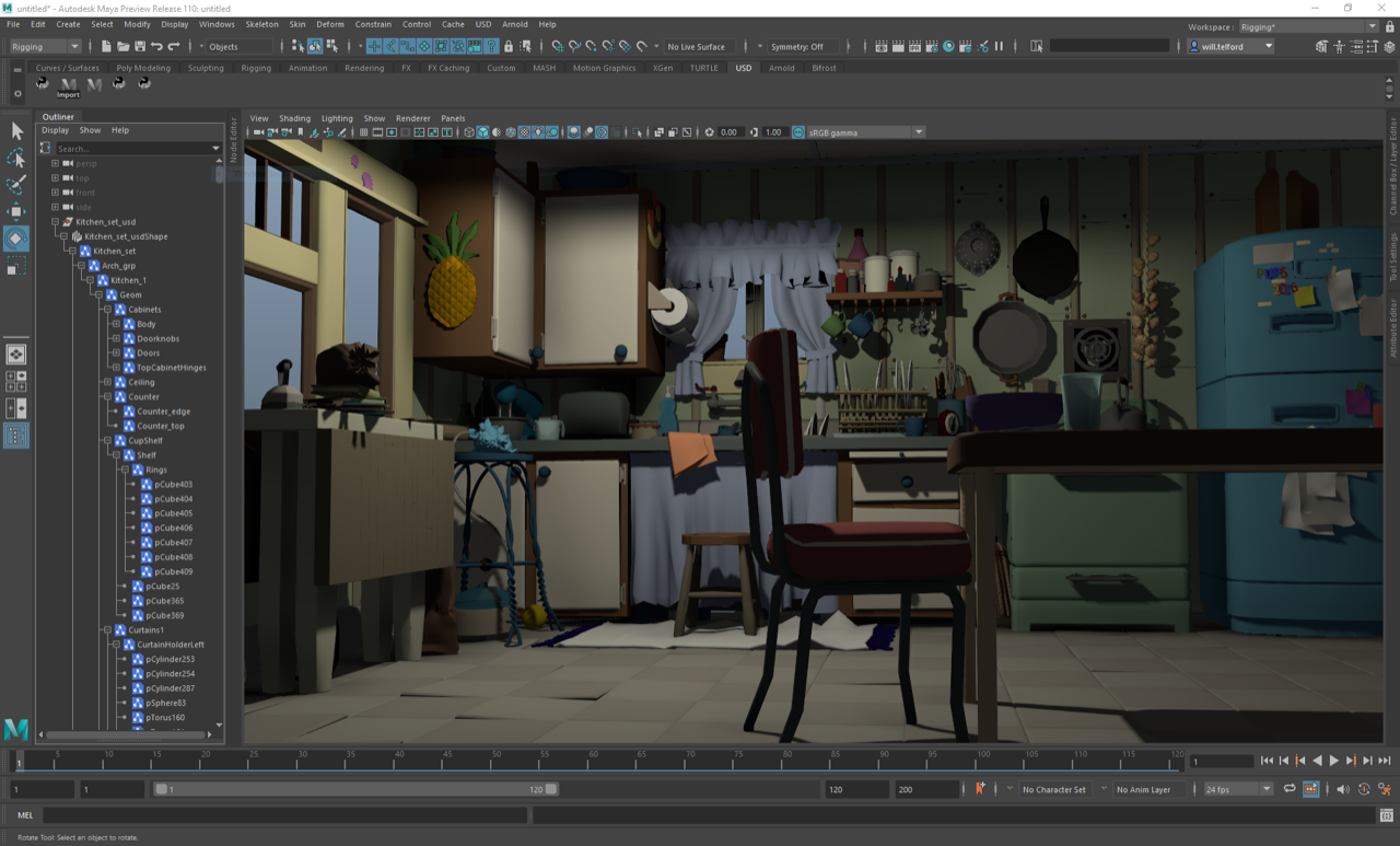 Screenshot of Autodesk Maya software showing an animated scene of a kitchen.