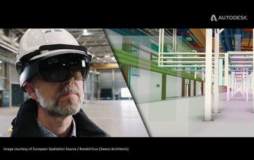 Man in construction hard hat and VR headset works on construction site