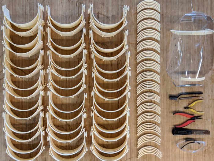 A selection of face shields produced at the Autodesk Technology Center in San Francisco, CA. 