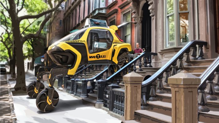 Hyundai Elevate concept vehicle, illustrated as an urban taxi, demonstrates vehicle’s ability to help people with mobility challenges navigate cities.