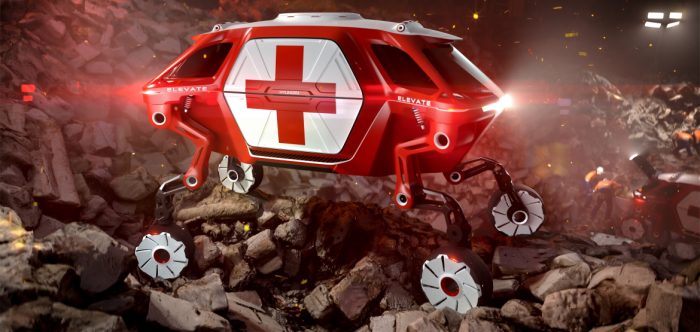 Hyundai Elevate concept vehicle, illustrated as an emergency vehicle, demonstrates ultimate mobility vehicle’s sure-footed ability to navigate irregular ground such as in an earthquake rescue scenario.