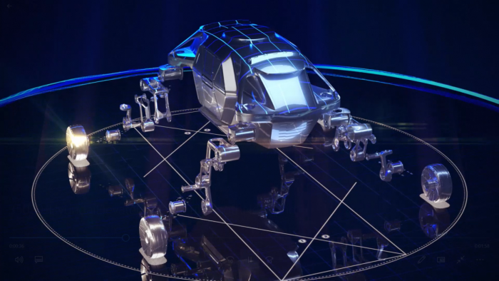 Exploded view illustration of the Hyundai Elevate concept vehicle shows components that enable it to transform from a rolling vehicle to one that walks.