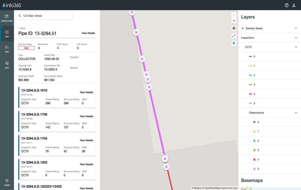 Screenshot of Innovyze Info360 Asset showing water asset conditions, risk levels, and inspection results.