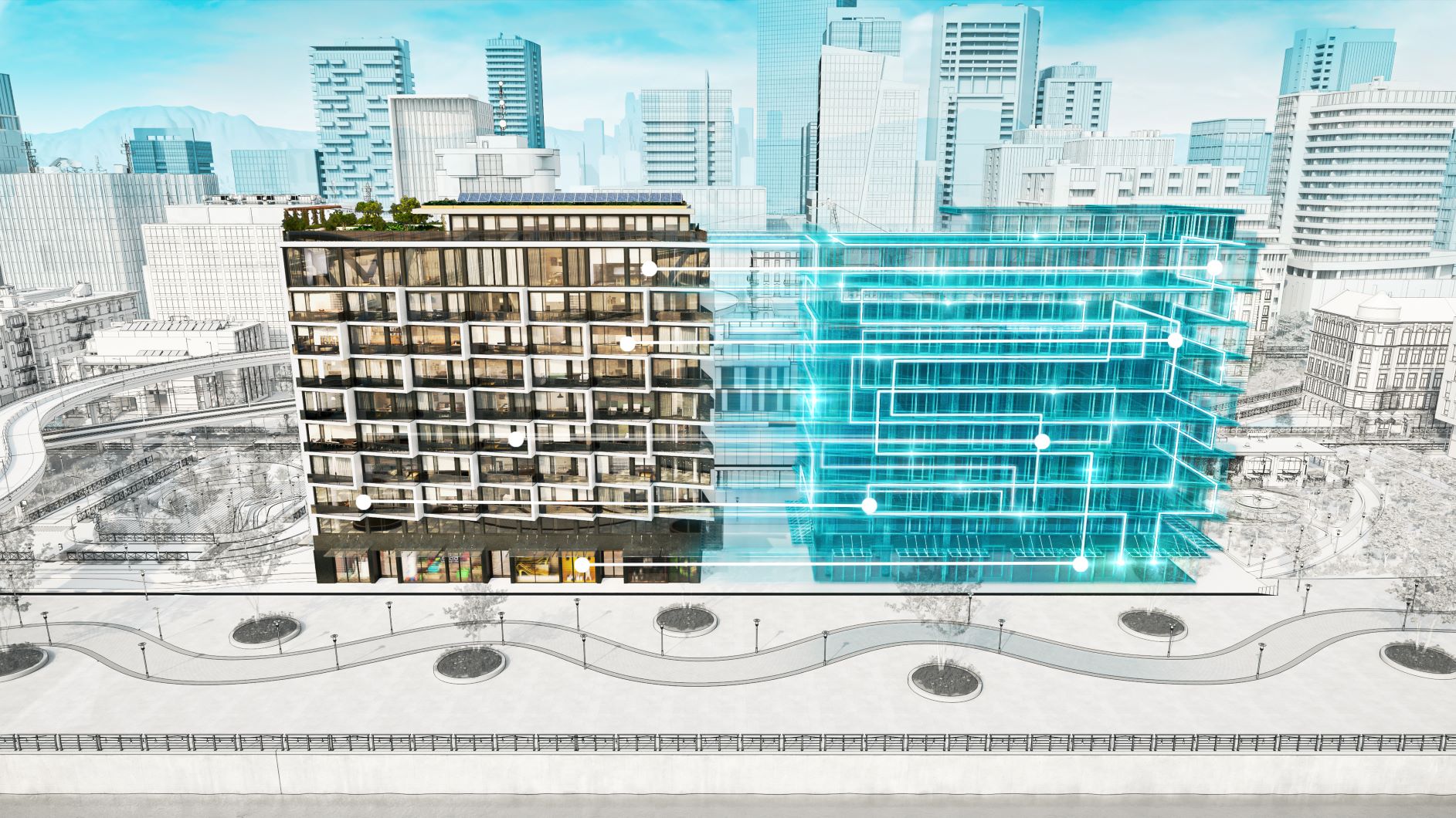 Image of a digital model of a building, also called a Digital Twin.