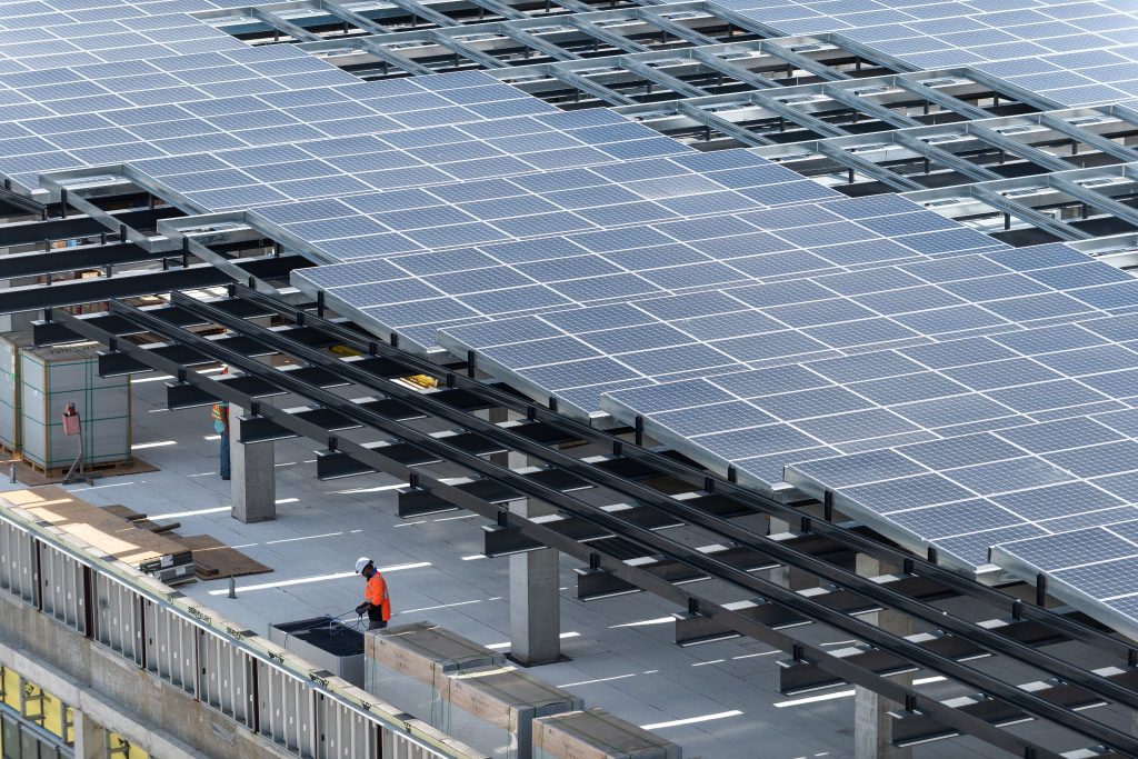 Worker examines solar farm