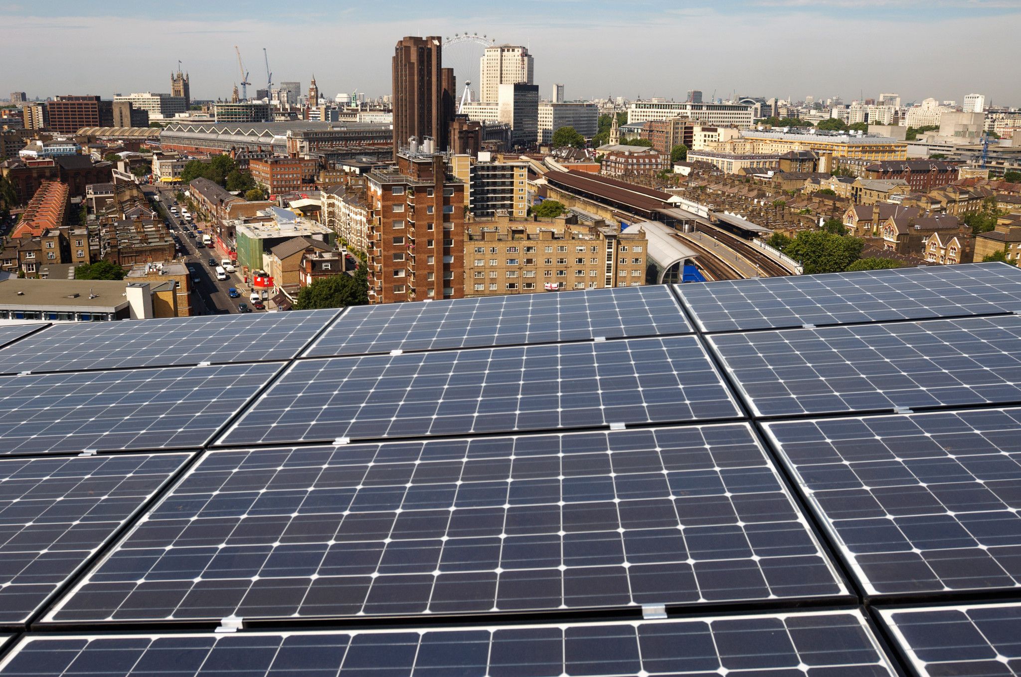 Solar panels on an urban rooftop