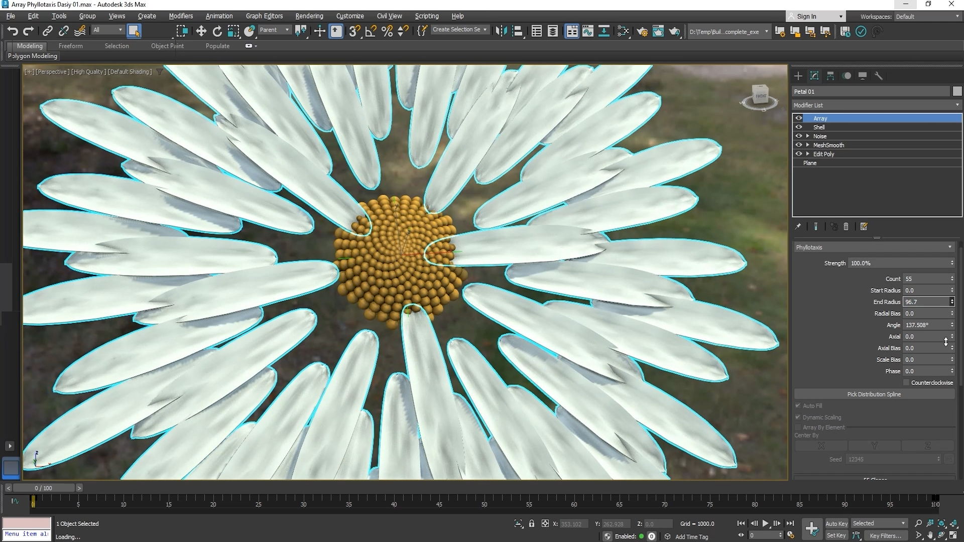 Flower being modified on a computer screen with Autodesk 3ds Max