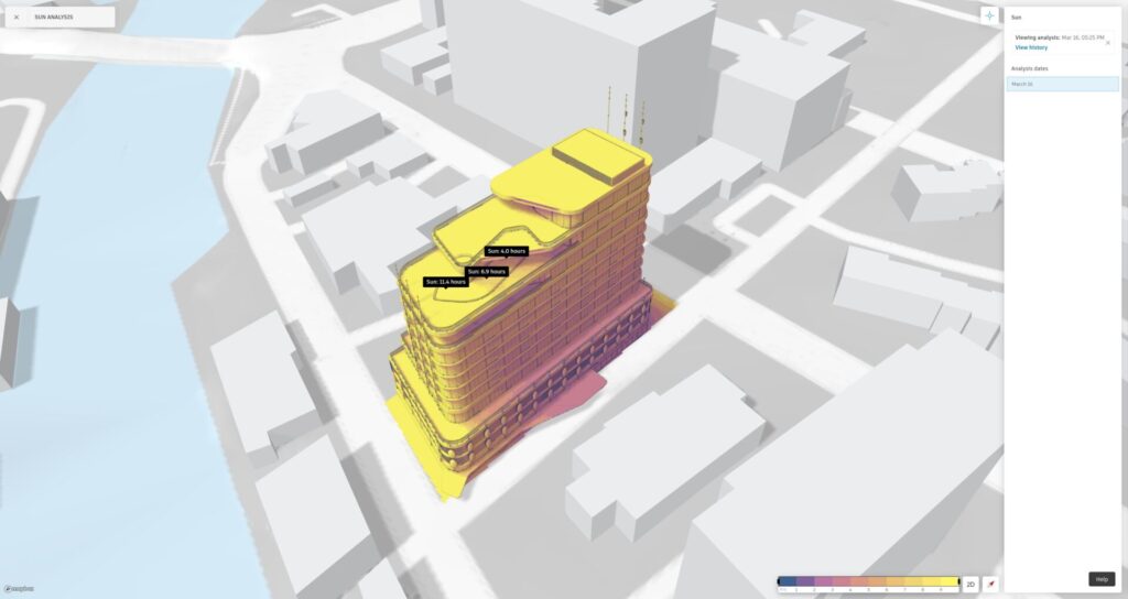 Screenshot of building design in Autodesk Forma sun hour analysis software