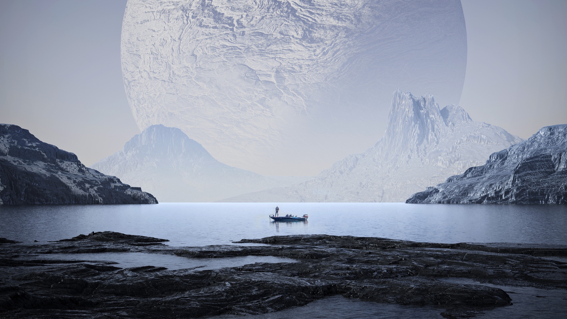 Boat on lake with moon in background