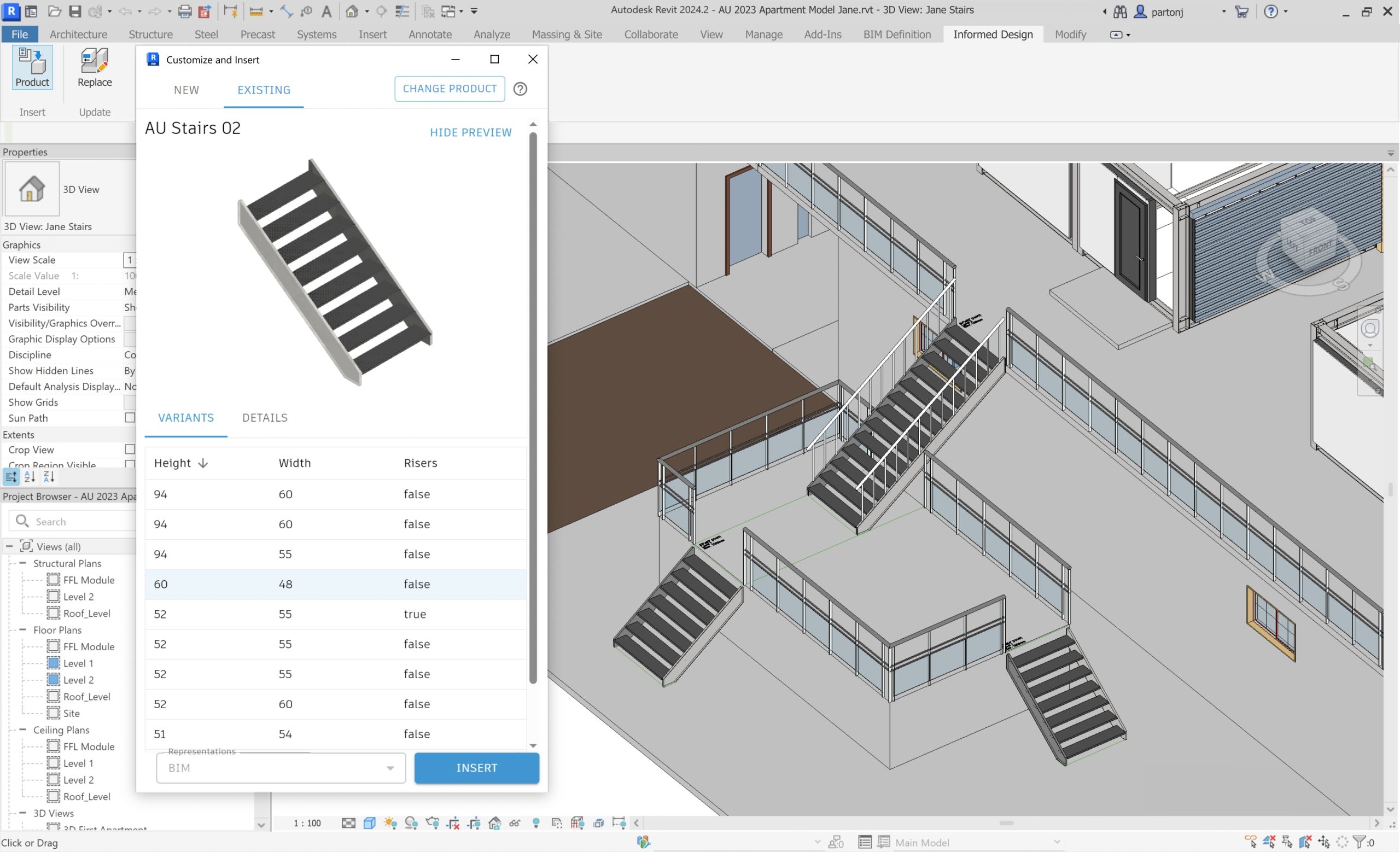 Screenshot of a an apartment model in REvit