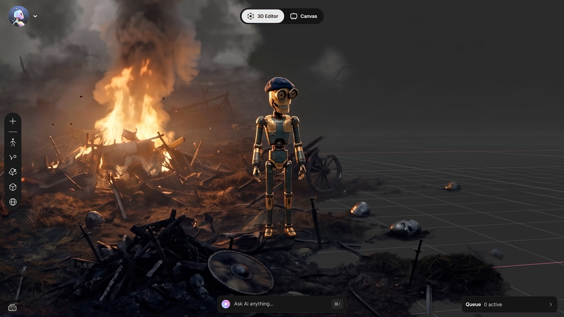 in-software image of the hero robot standing on stairs in front of a doorway with sun shining through