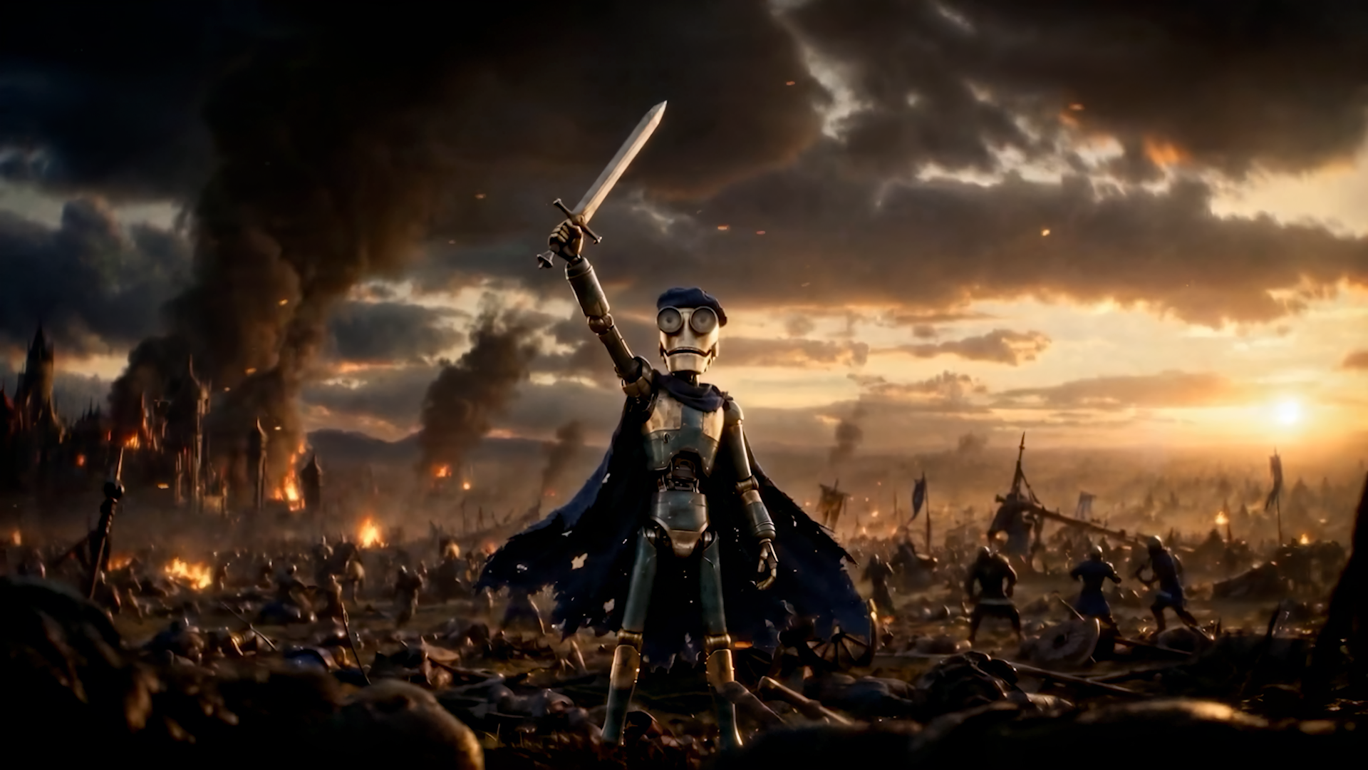 a robot standing in the middle of a battlefield raising a sword