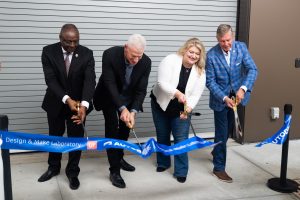 Left to right: Dean of the University of Florida College of Design, Construction and Planning Chimay Anumba, Autodesk COO Steve Blum, U.S. Representative for Florida's 3rd Congressional District Kat Cammack, and President and CEO of Brandon Construction Company David Brandon cut the ribbon at the new Autodesk Design and Make Laboratory. 