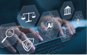 Illustration of AI governance concepts including security, compliance, and accountability, shown as icons overlaying a laptop keyboard